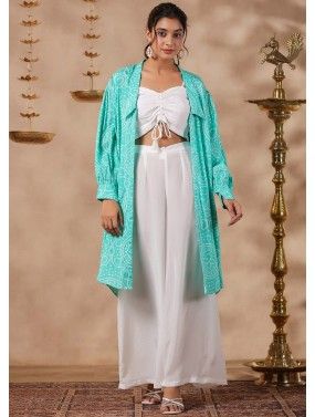 White Co-Ord Set With Printed Shrug