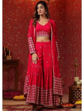 Red Embroidered Co-Ord Set In Georgette