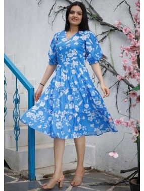 Blue Digital Printed Cotton Readymade Dress