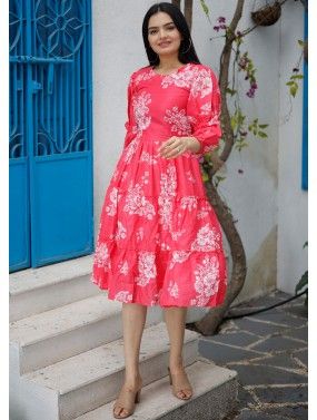 Pink Readymade  Digital Printed Dress In Cotton