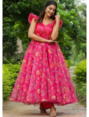 Pink Readymade Floral Printed Long Dress