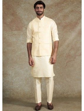 Yellow Woven Work Kurta Pajama With Nehru Jacket