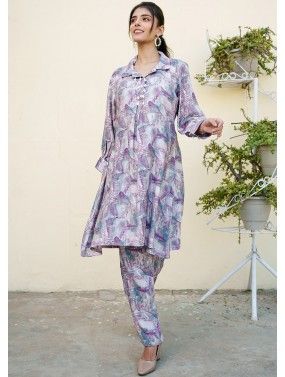 Light Purple Printed Readymade Co-Ord Set In Cotton