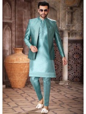 Turquoise Woven Mens Jacket Style Kurta Pajama
