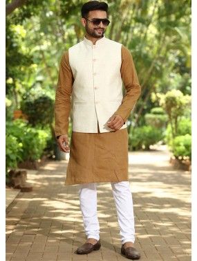 Beige Color Cotton Kurta Pajama with Nehru Jacket