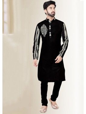 Black Embroidered Cotton Pathani Suit