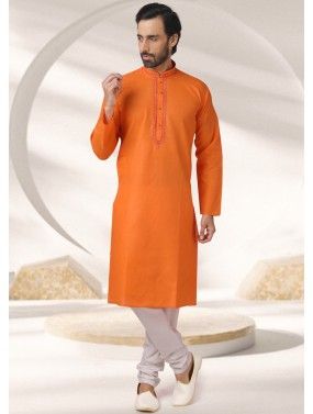 Orange Embroidered Kurta Pajama In Cotton