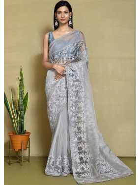 Silver Embroidered Saree In Satin