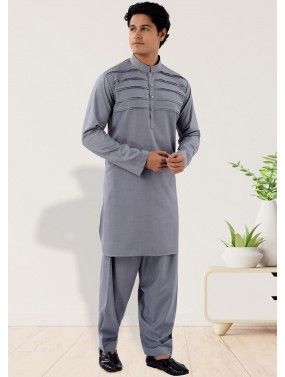 Grey Readymade Cotton Mens Pathani Suit Set