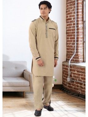 Beige Readymade Mens Pathani Suit In Cotton