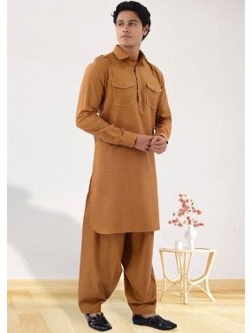 Brown Readymade Cotton Mens Pathani Suit