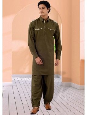 Green Readymade Cotton Mens Pathani Suit Set