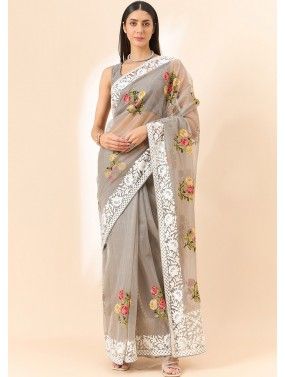 Grey Embroidered Saree In Tissue