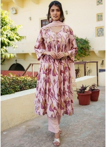Readymade Cotton Printed Anarkali Suit In Nude Pink