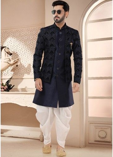 Blue  Readymade Jacket Style Indowestern Sherwani & Dhoti 
