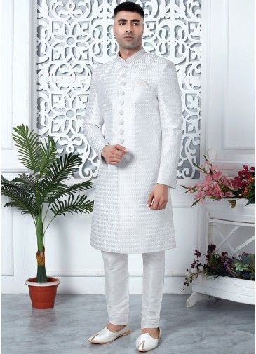 Readymade Art Silk Embroidered Mens Indowestern Sherwani In Off White
