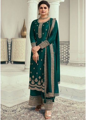Prachi Desai Teal Green Embroidered Palazzo Suit In Georgette