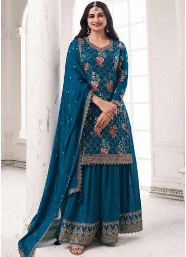 Prachi Desai Teal Blue Floral Printed Sharara Suit