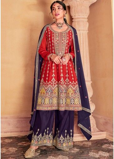 Red Embroidered Readymade Flared Style Chiffon Palazzo Suit