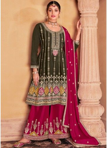 Readymade Flared Style Embroidered Chiffon Palazzo Suit In Green 