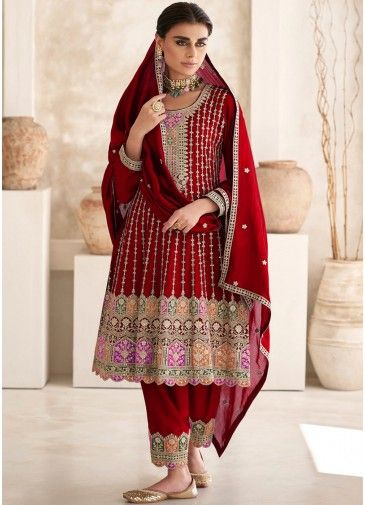 Readymade Red Embroidered Pant Suit In Chiffon