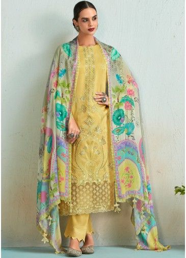 Yellow Embroidered Pant Suit Set In Cotton