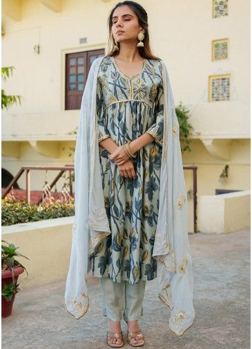 Grey Readymade Cotton Anarkali Suit In Digital Print