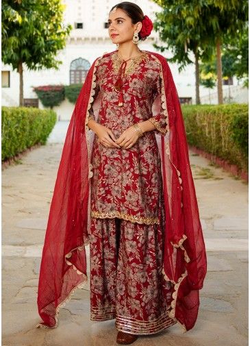 Readymade Cotton Printed Sharara Suit In Red