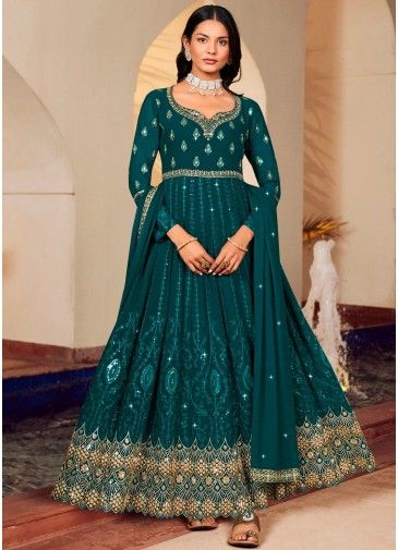 Green Thread Embroidered Anarkali Suit In Georgette