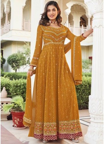 Yellow Georgette Anarkali Suit In Thread Embroidery