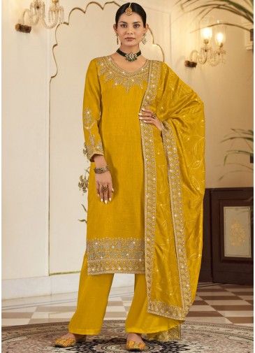 Yellow Embroidered Palazzo Suit Set