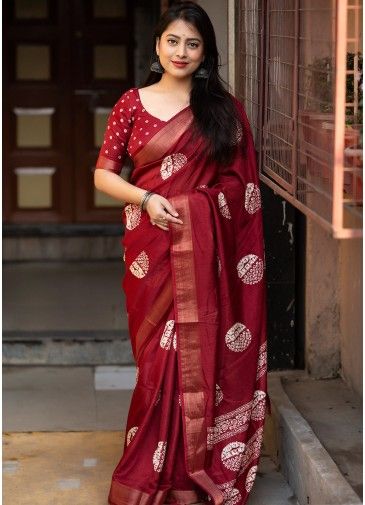 Red Digital Printed Saree In Cotton
