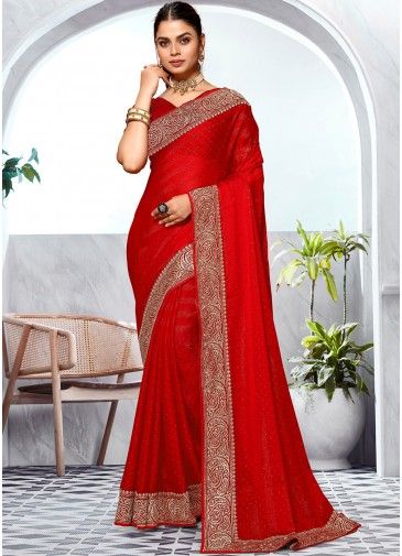 Red Stone Embellished Saree In Art Silk