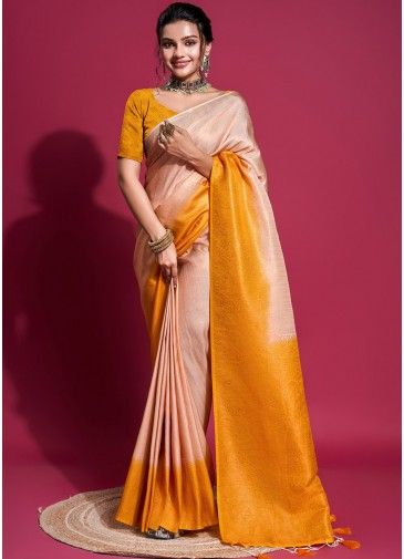 Peach & Yellow Woven Work Saree In Art Silk
