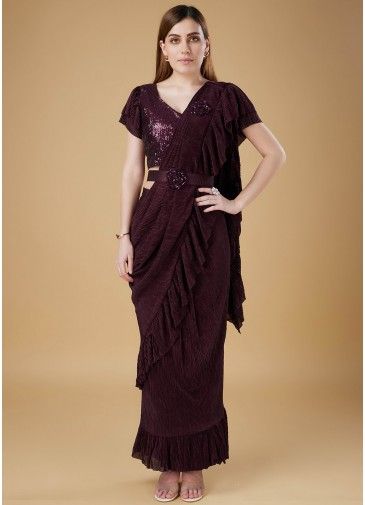Purple Lycra Saree With Embroidered Blouse