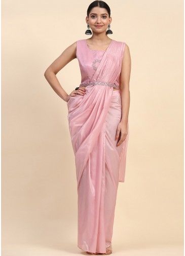 Readymade Pink Satin Saree With Embellished Shrug