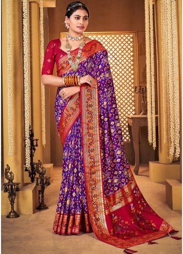 Purple Printed Saree In Tussar Silk