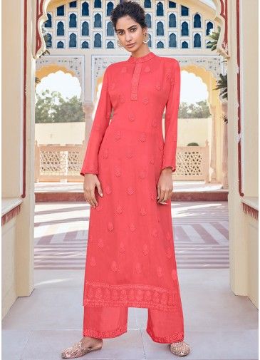 Strawberry Pink Readymade Pant Suit In Embroidery