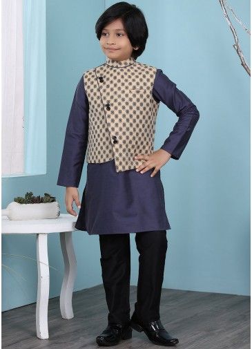 Blue Kids Kurta Pajama With Nehru Jacket