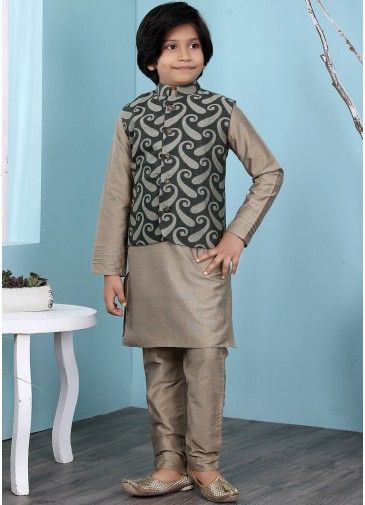 Kids Grey Readymade Kurta Pajama With Nehru Jacket