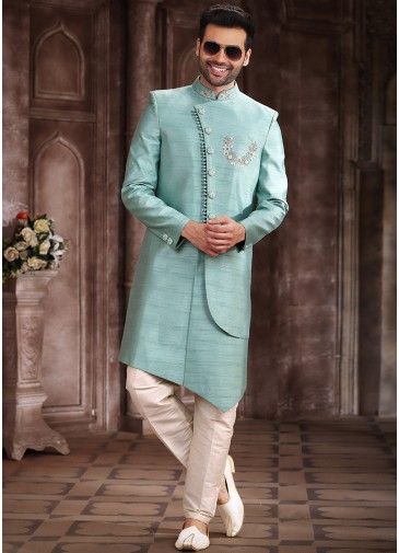 Green Embroidered Indo Western Sherwani For Men