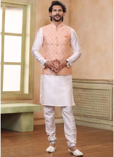 Readymade Off White Kurta Pajama & Woven Nehru Jacket