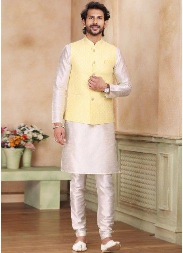 Cream Kurta Pajama With Woven Nehru Jacket