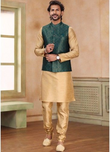Golden Kurta Pajama With Woven Nehru Jacket