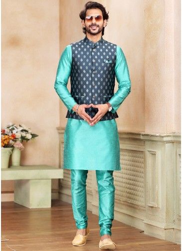 Turquoise Mens Kurta Pajama & Woven Nehru Jacket