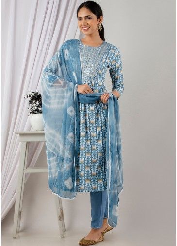 Blue Embroidered Readymade Printed Rayon Pant Suit