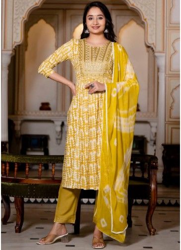 Yellow Readymade Printed Rayon Pant Suit In Embroidery