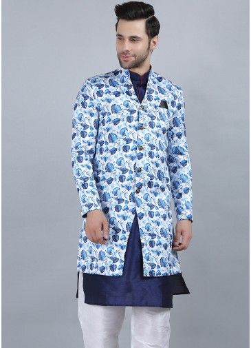 White Printed Mens Long Jacket In Cotton