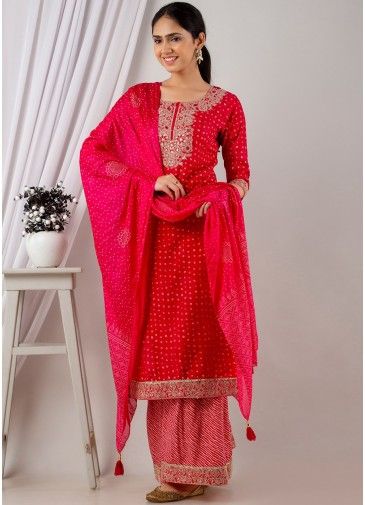 Red Embroidered Readymade Palazzo Suit In Rayon