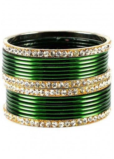 Green and Golden Stone Studded Bangle Set